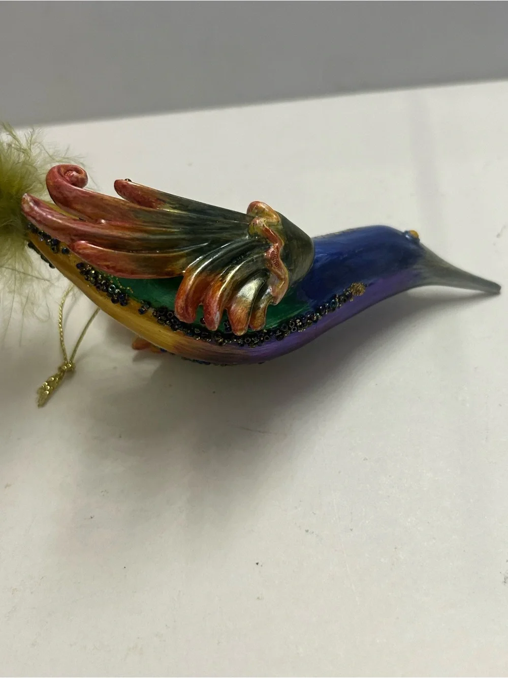 Iridescent Bird Ornaments Hummingbird with Feathered and Beaded Tails Vintage